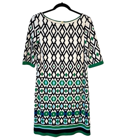 Eliza J Black White Green Boxy Geometrical 3/4 Sleeve Jersey Knit ShiftDress Mod - Picture 2 of 11